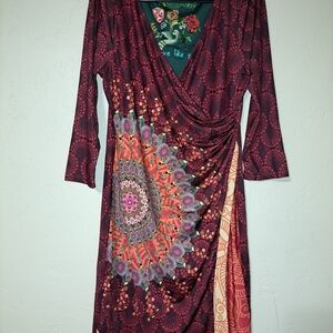 Desigual Sheath Dress Red and Blue V-neck 3/4 Sleeve